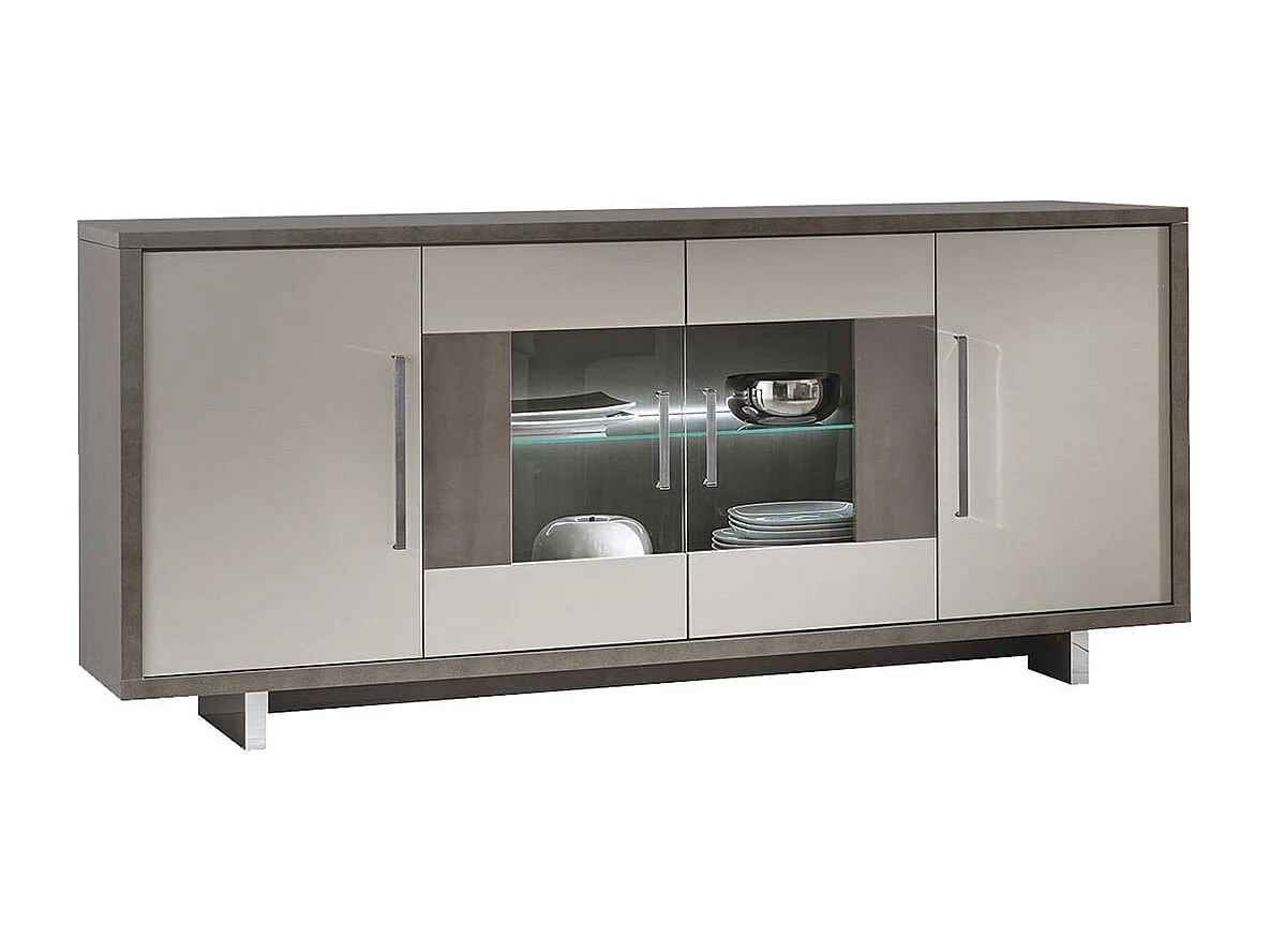 AUXANE - Pack Séjour Table Allongeable + Buffet 4P + Vitrine 2P Gris Metallisé et Mat