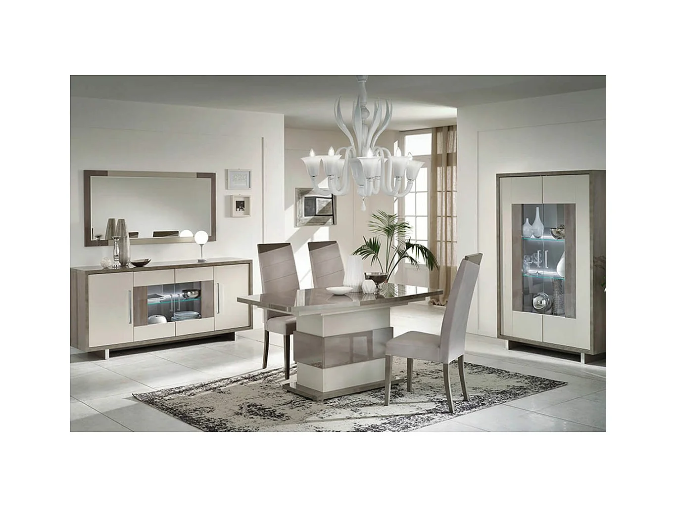 AUXANE - Pack Séjour Table Allongeable + Buffet 4P + Vitrine 2P Gris Metallisé et Mat