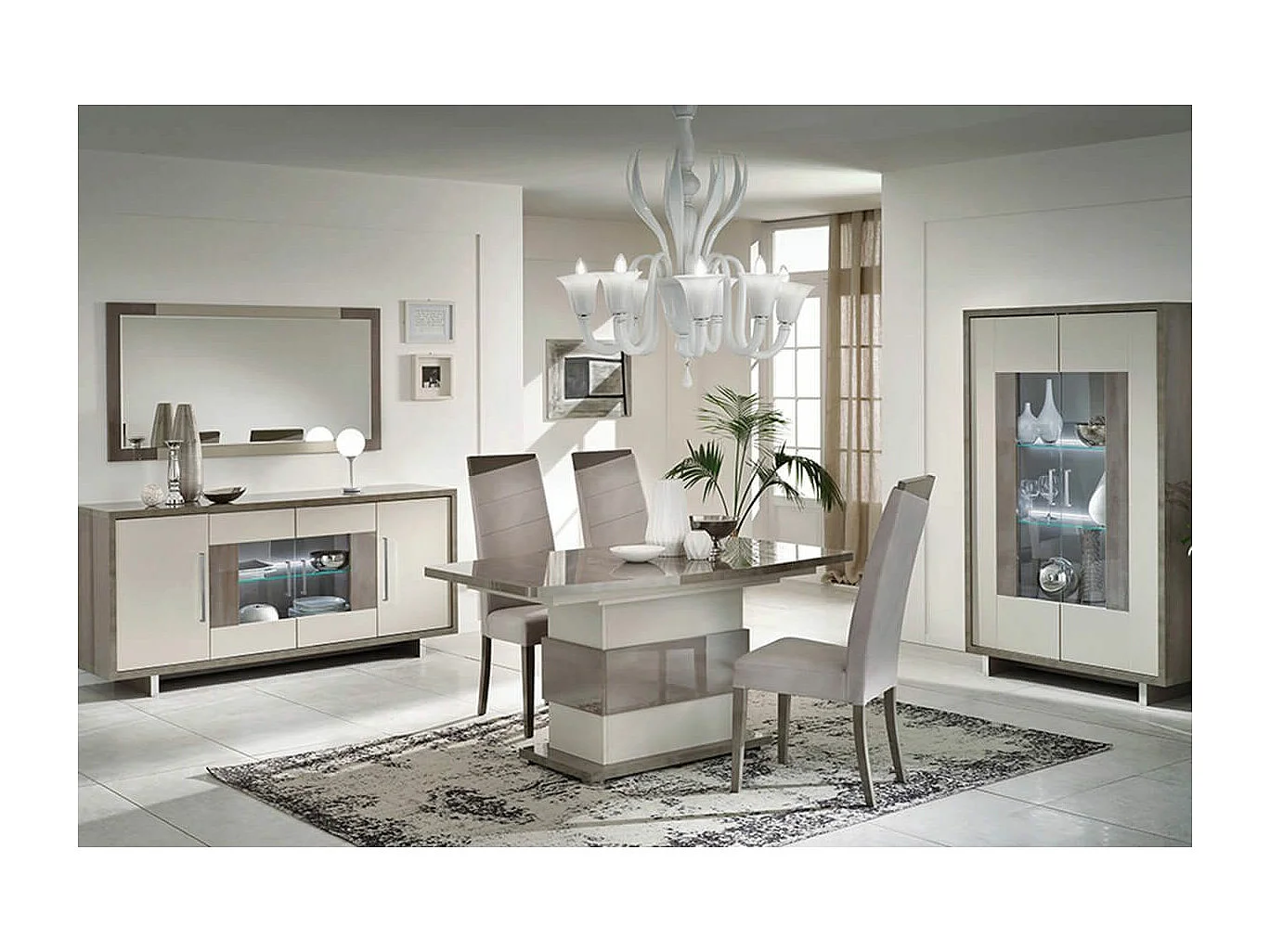 AUXANE - Pack Séjour Table Allongeable + Buffet 4P + Vitrine 2P Gris Metallisé et Mat