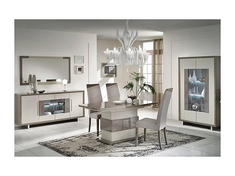 AUXANE - Pack Séjour Table Allongeable + Buffet 4P Led + Console Gris Metallisé et Mat