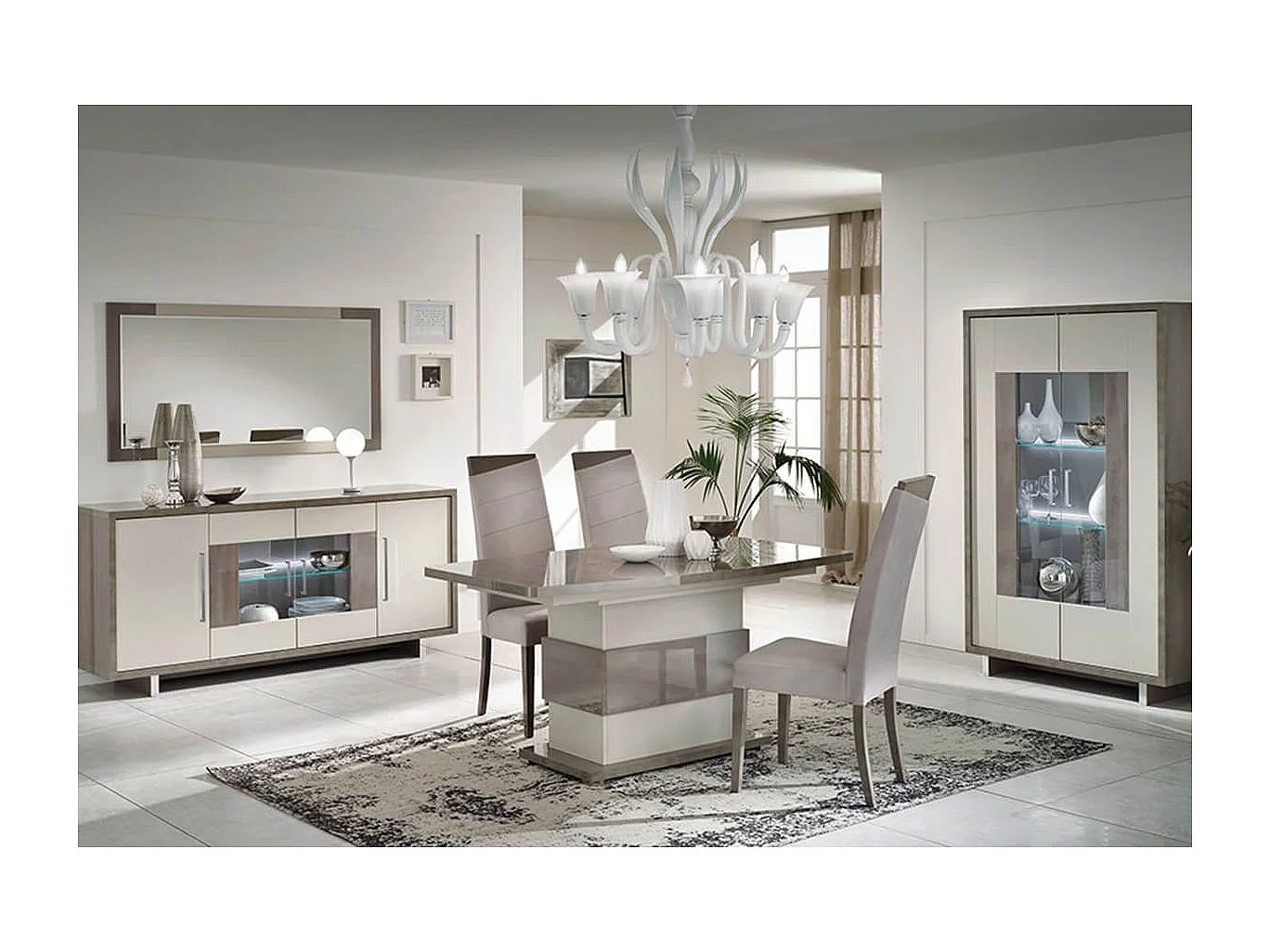 AUXANE - Pack Séjour Table Allongeable + Buffet 4P Led + Console Gris Metallisé et Mat