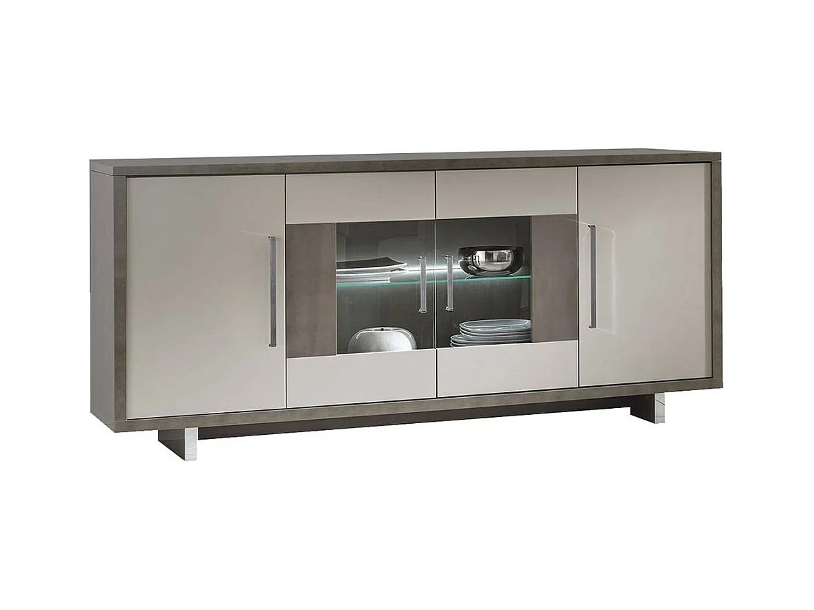 AUXANE - Pack Séjour Table Allongeable + Buffet 4P Led + Console Gris Metallisé et Mat