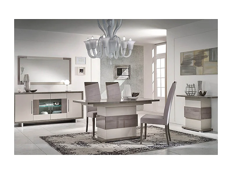 AUXANE - Pack Séjour Table Allongeable + Buffet 4P Led + Console Gris Metallisé et Mat