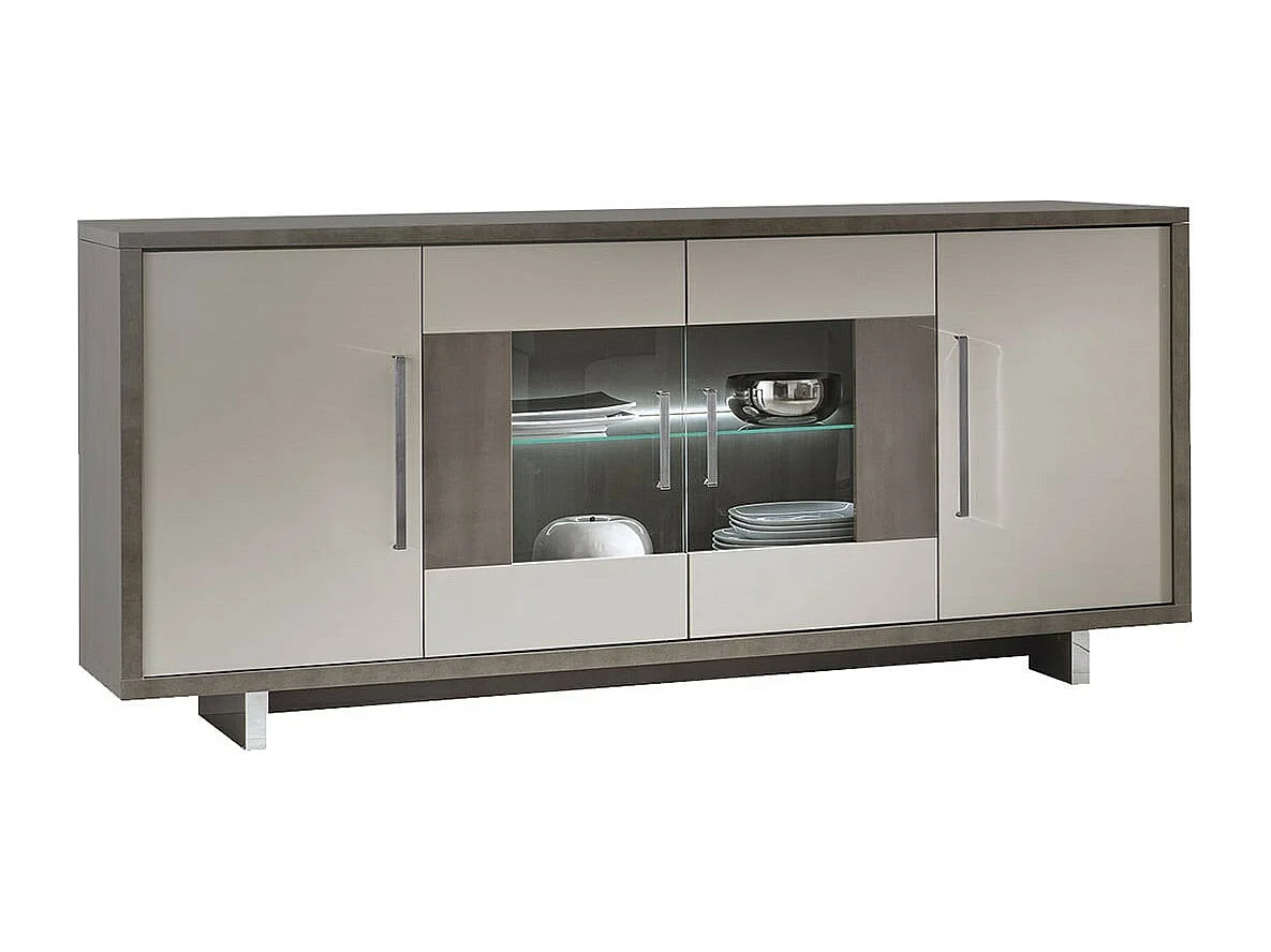 AUXANE - Pack Séjour Table Allongeable + Buffet 4P Led Gris Métallisé et Mat