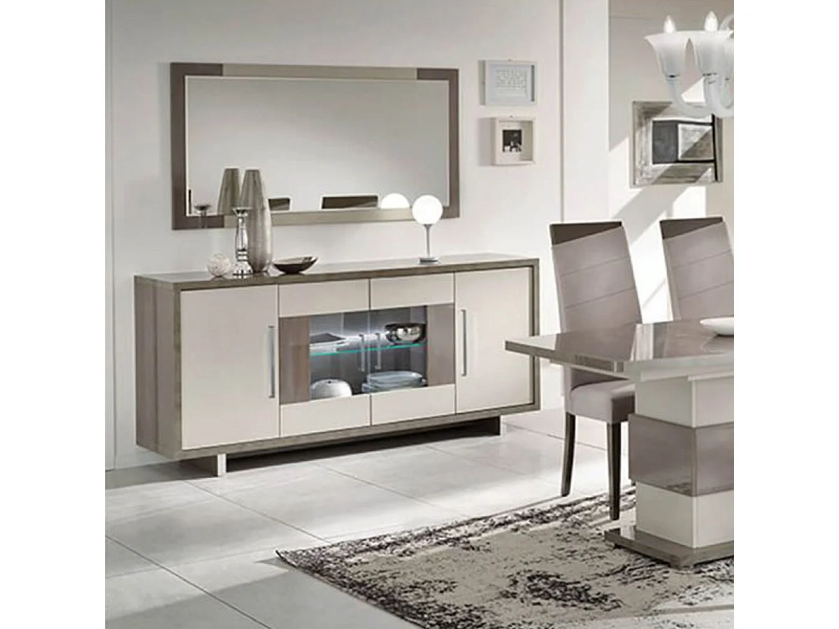 AUXANE - Pack Séjour Table Allongeable + Buffet 4P Led Gris Métallisé et Mat