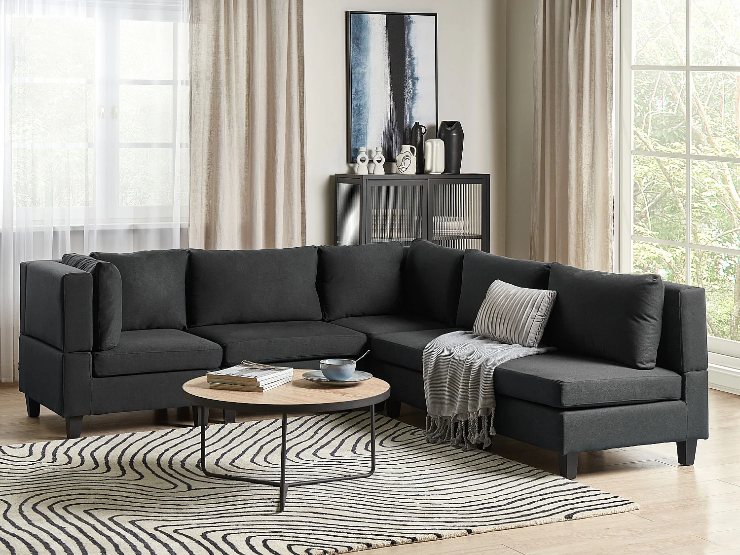 Canapé d'angle modulable UNSTAD Tissu Noir 5 places Côté droit