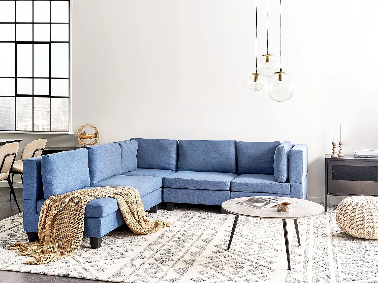 Canapé d'angle modulable 5 places UNSTAD Tissu Bleu Côté droit