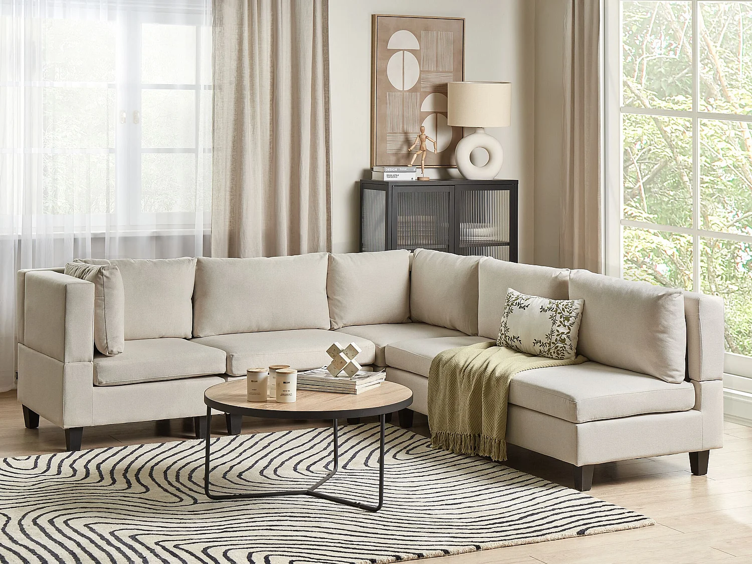 Canapé d'angle modulable 5 places UNSTAD Tissu Beige clair Côté droit