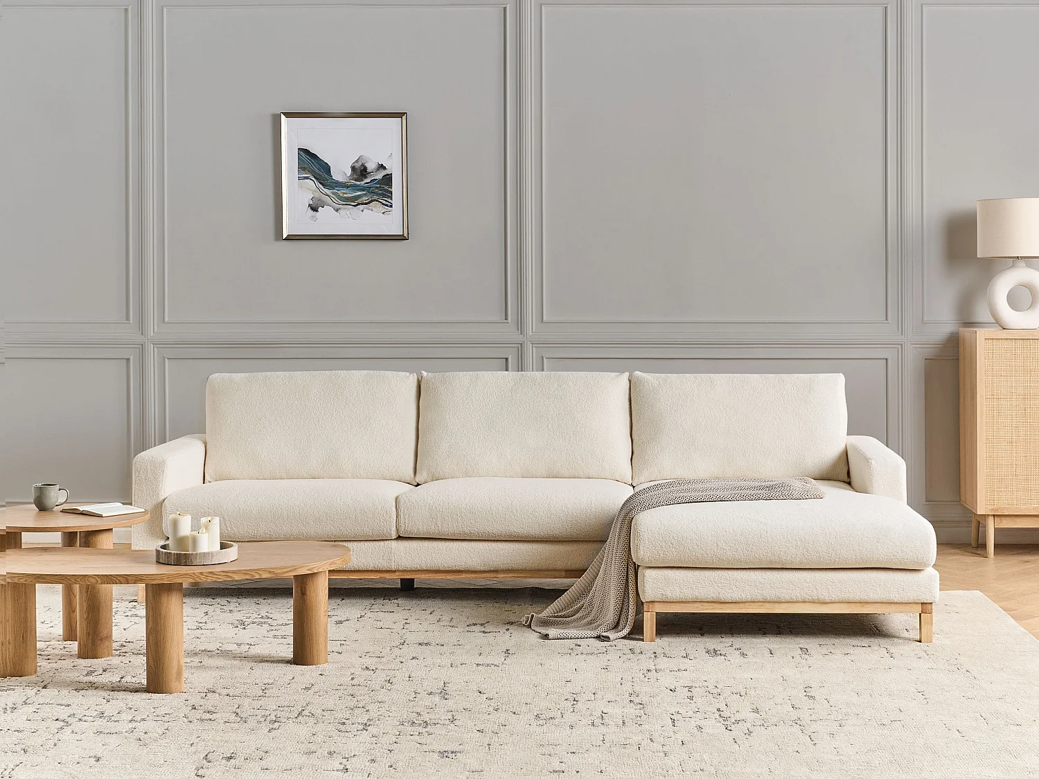 4-Sitzer Ecksofa Stoffbezug Bouclé Weiß rechts mit Sitzkissen Holzbeinen Siggard