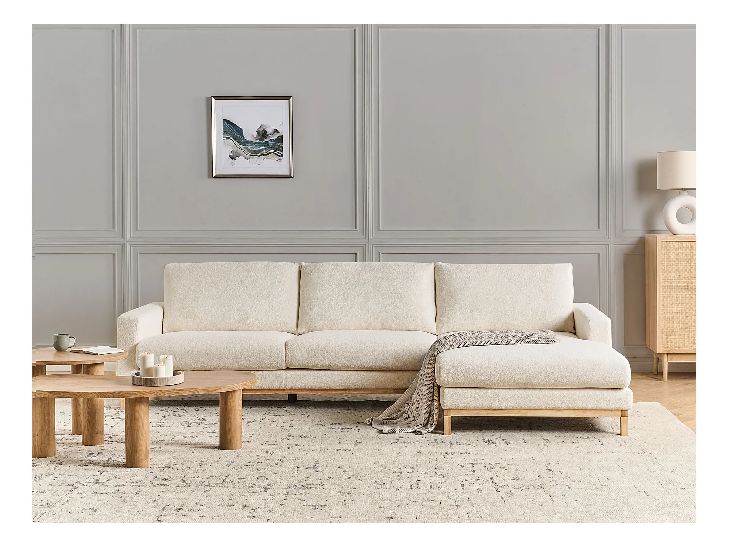 Sofá esquinero SIGGARD Bouclé Blanco 4 plazas Derecha