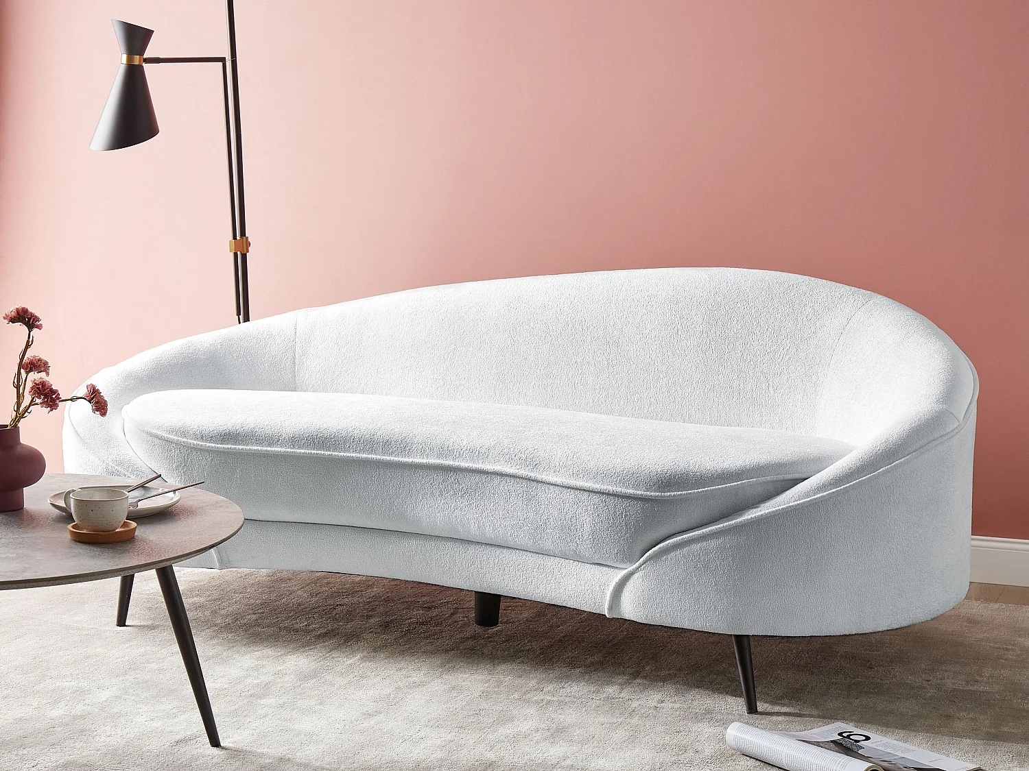 3er Sofa Bouclé weiß gebogen oval mit schwarzen Metallbeinen Retro Glam Savar