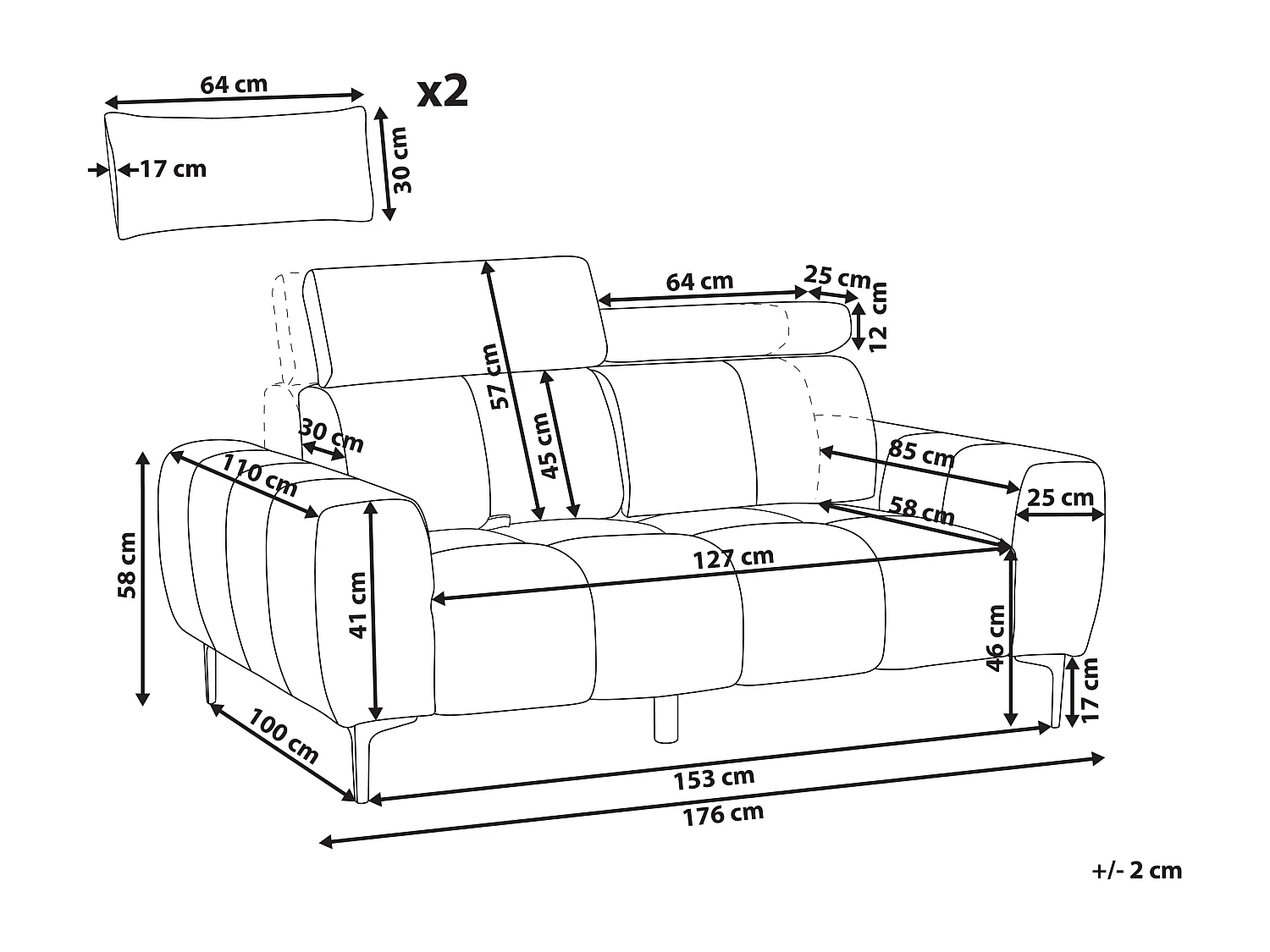 2-Sitzer Sofa Bouclé weiß Rückenlehne & Kopfteil verstellbar mit Kissen Vegamo