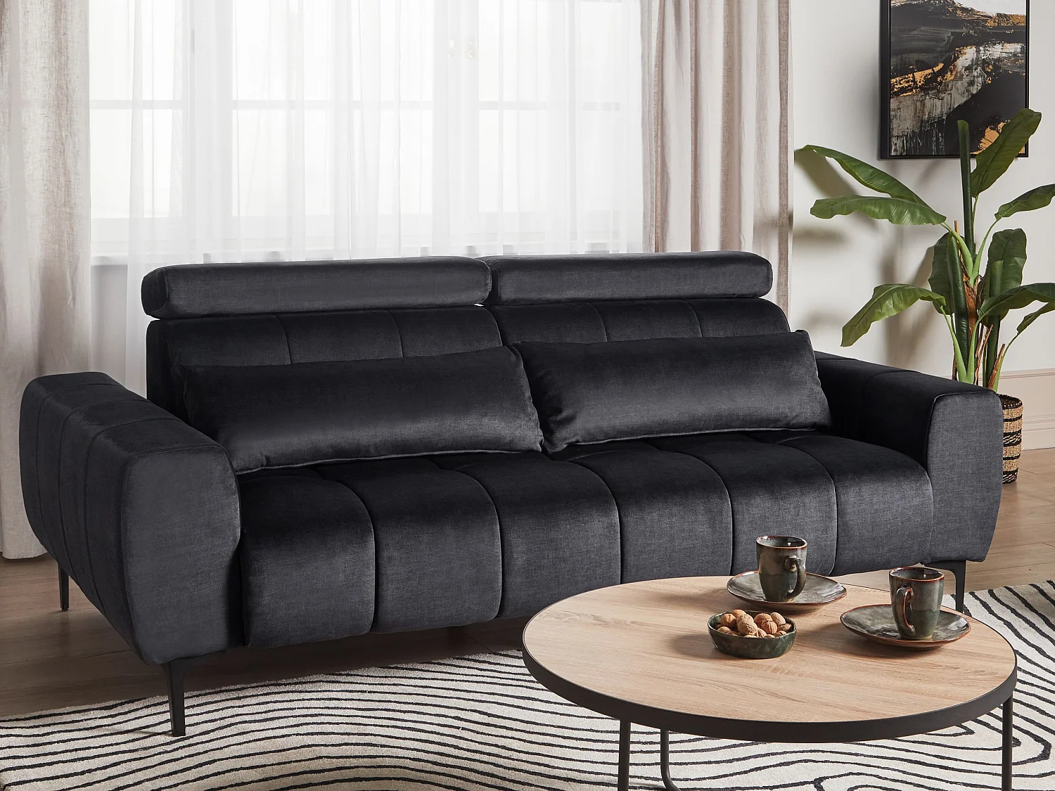 3-Sitzer Sofa Samt schwarz Rückenlehne & Kopfteil verstellbar mit Kissen Vegamo