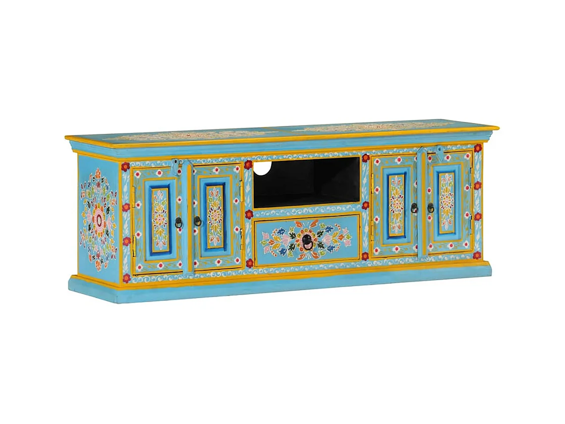 Meuble TV bleu 110x30x40 cm bois massif de manguier
