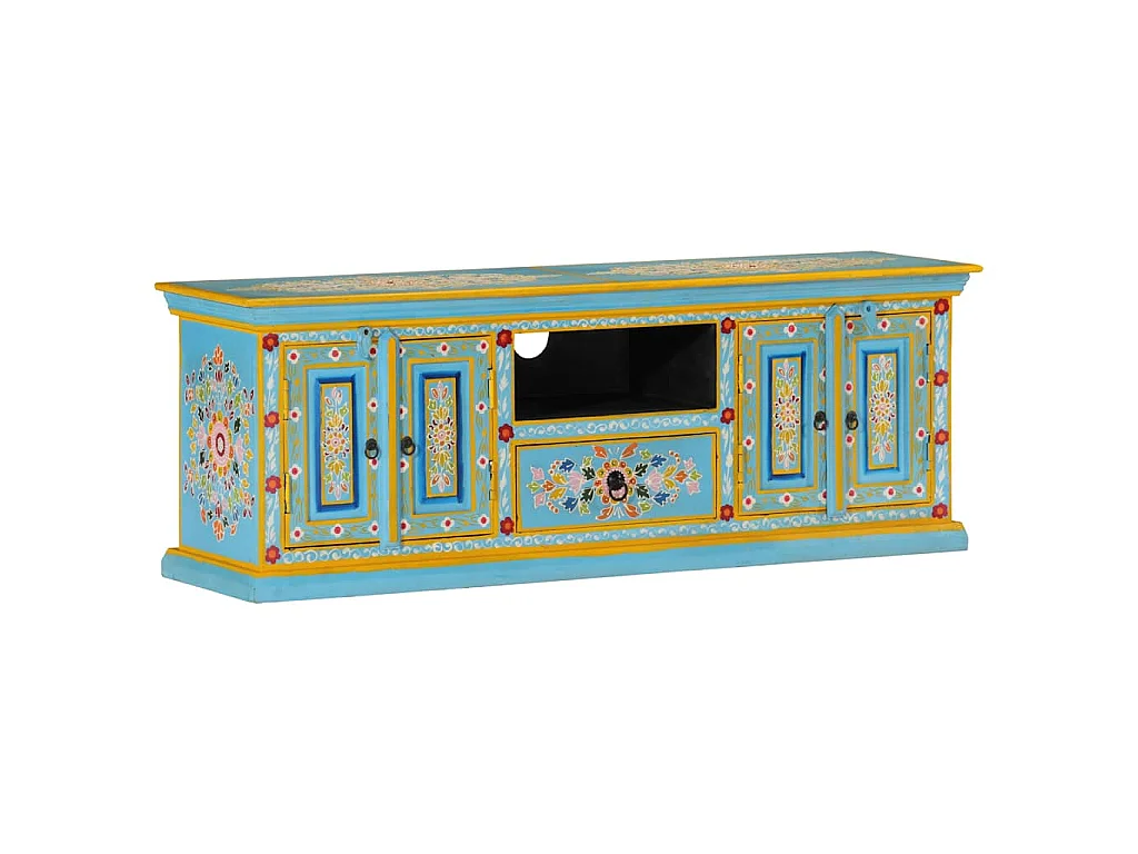 Meuble TV bleu 110x30x40 cm bois massif de manguier