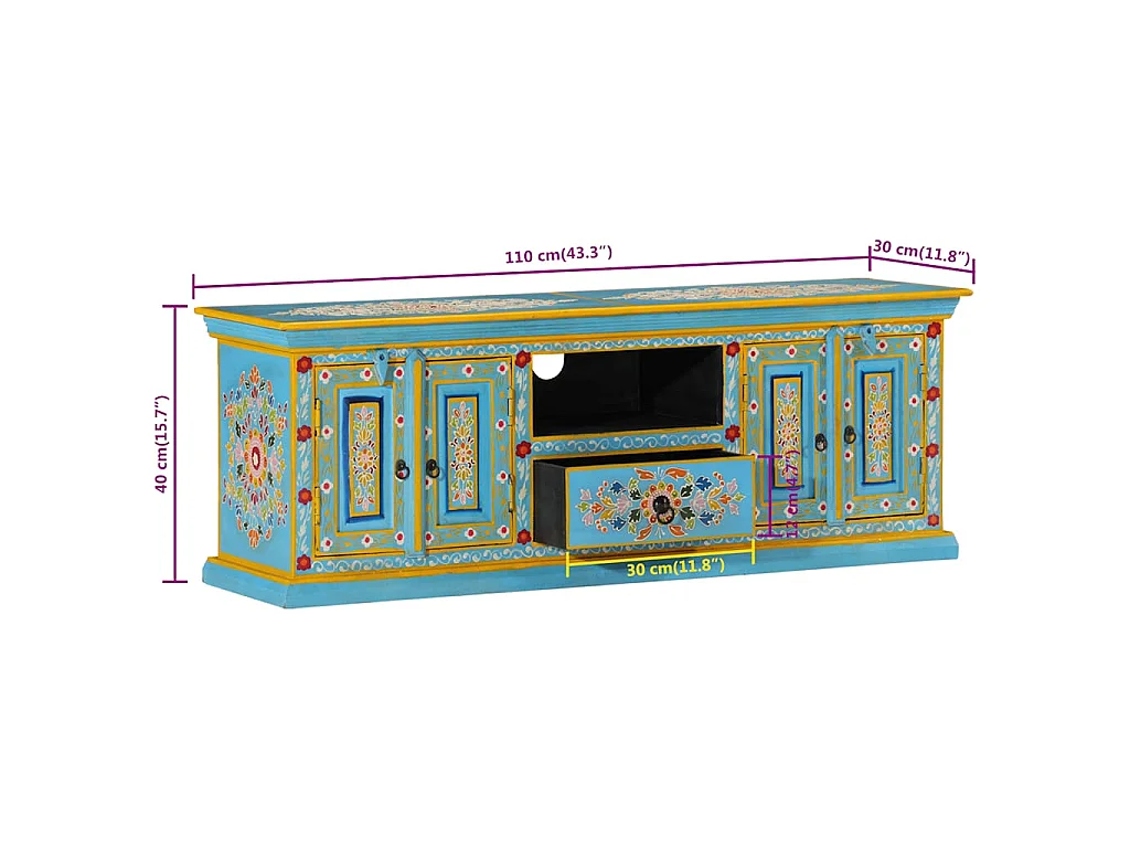 Meuble TV bleu 110x30x40 cm bois massif de manguier