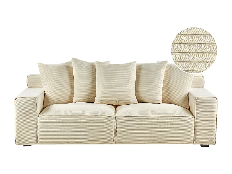 3-Sitzer Sofa Stoffbezug Cord beige mit 5 Dekokissen breite Armlehnen Viskan