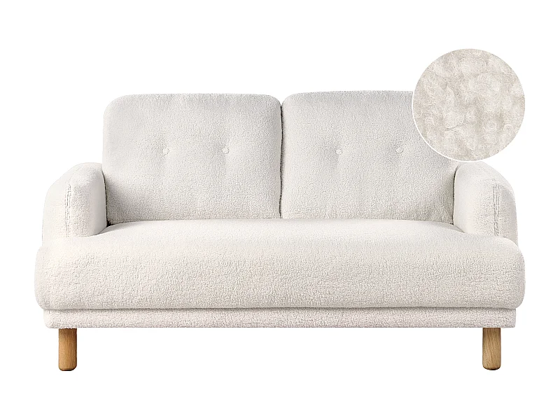 2-Sitzer Sofa Bouclé weiß mit hohen Holzbeinen Armlehnen Knöpfe Retro Stil Tuve