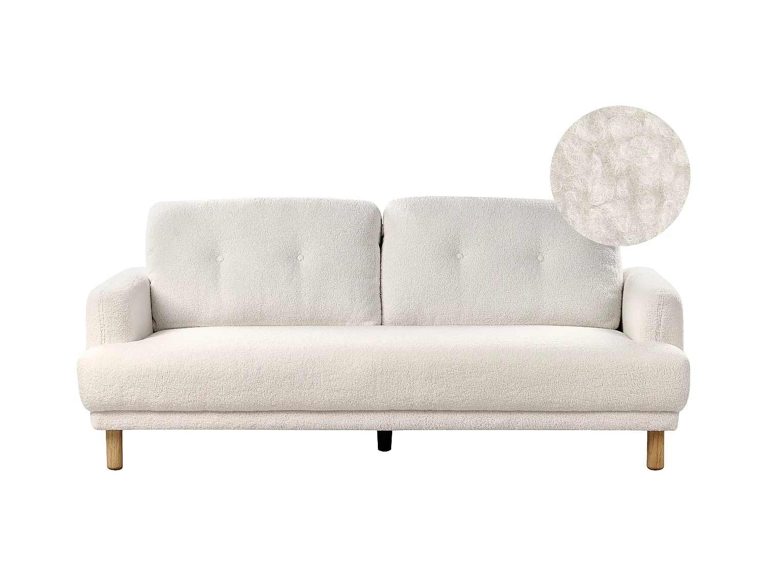 3-Sitzer Sofa Bouclé weiß mit hohen Holzbeinen Armlehnen Knöpfe Retro Stil Tuve