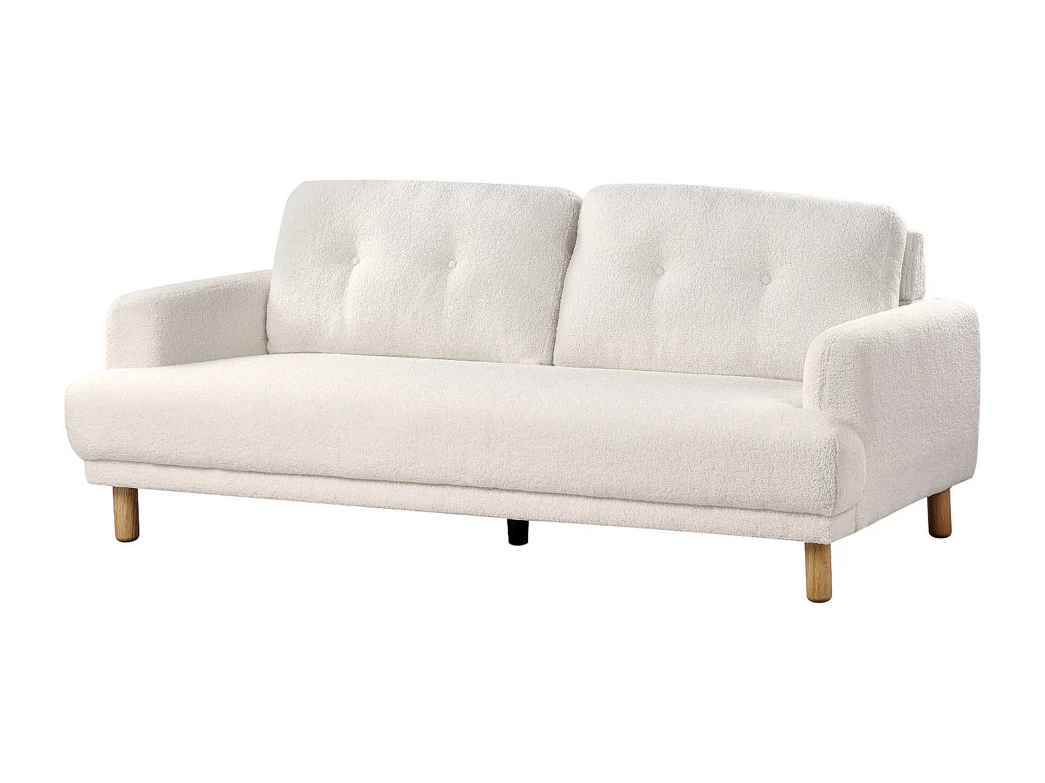 3-Sitzer Sofa Bouclé weiß mit hohen Holzbeinen Armlehnen Knöpfe Retro Stil Tuve