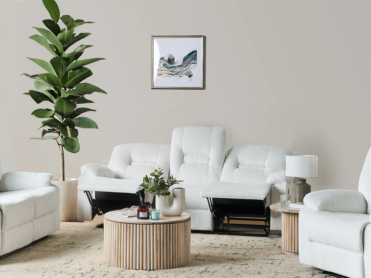 Canapé relax manuel 3 places BERGEN Tissu Blanc