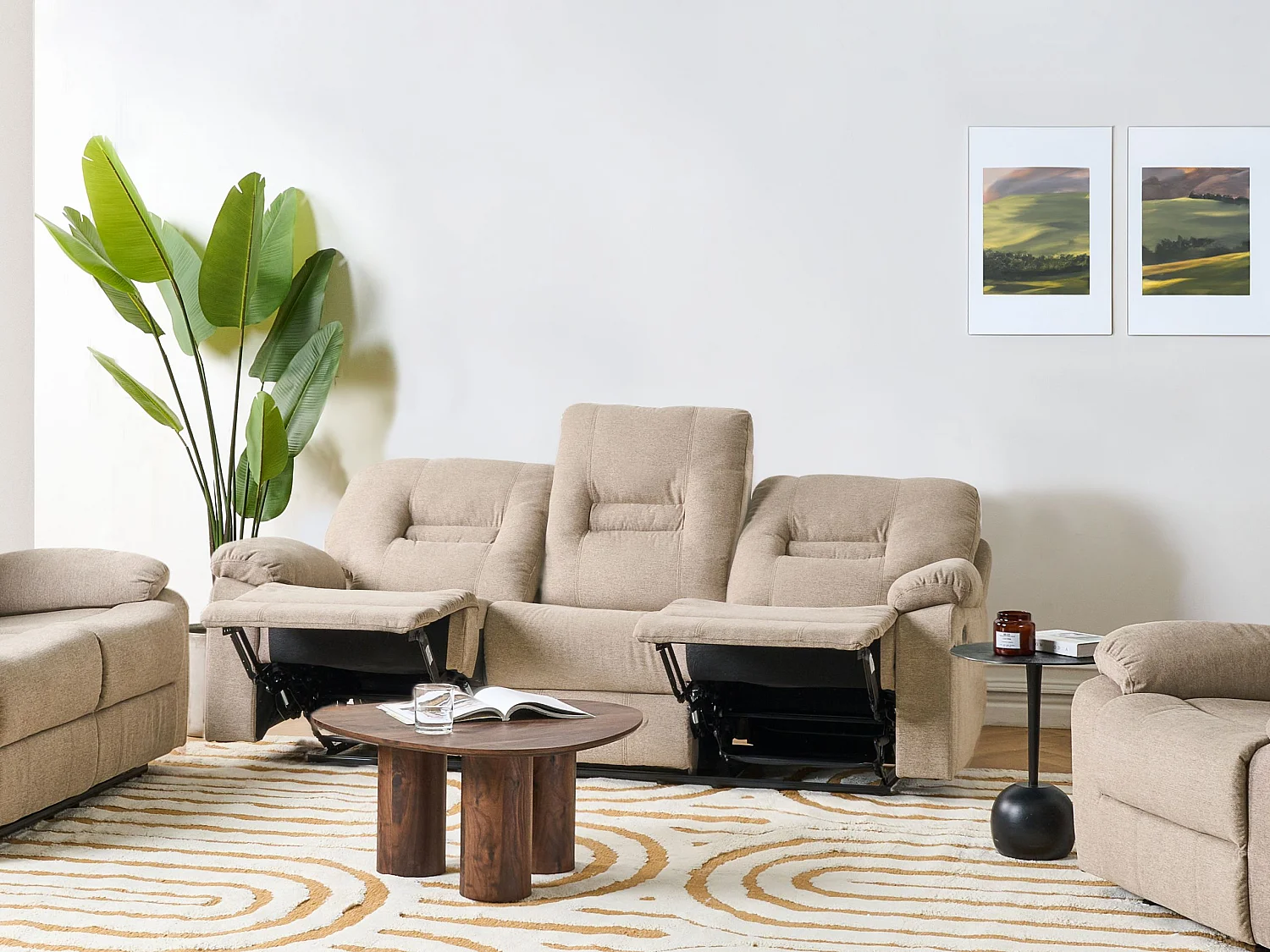 Canapé relax manuel BERGEN Tissu Beige 3 places
