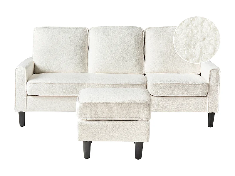 Sofa AVESTA Bouclé Weiss mit Ottomane 3-Sitzer