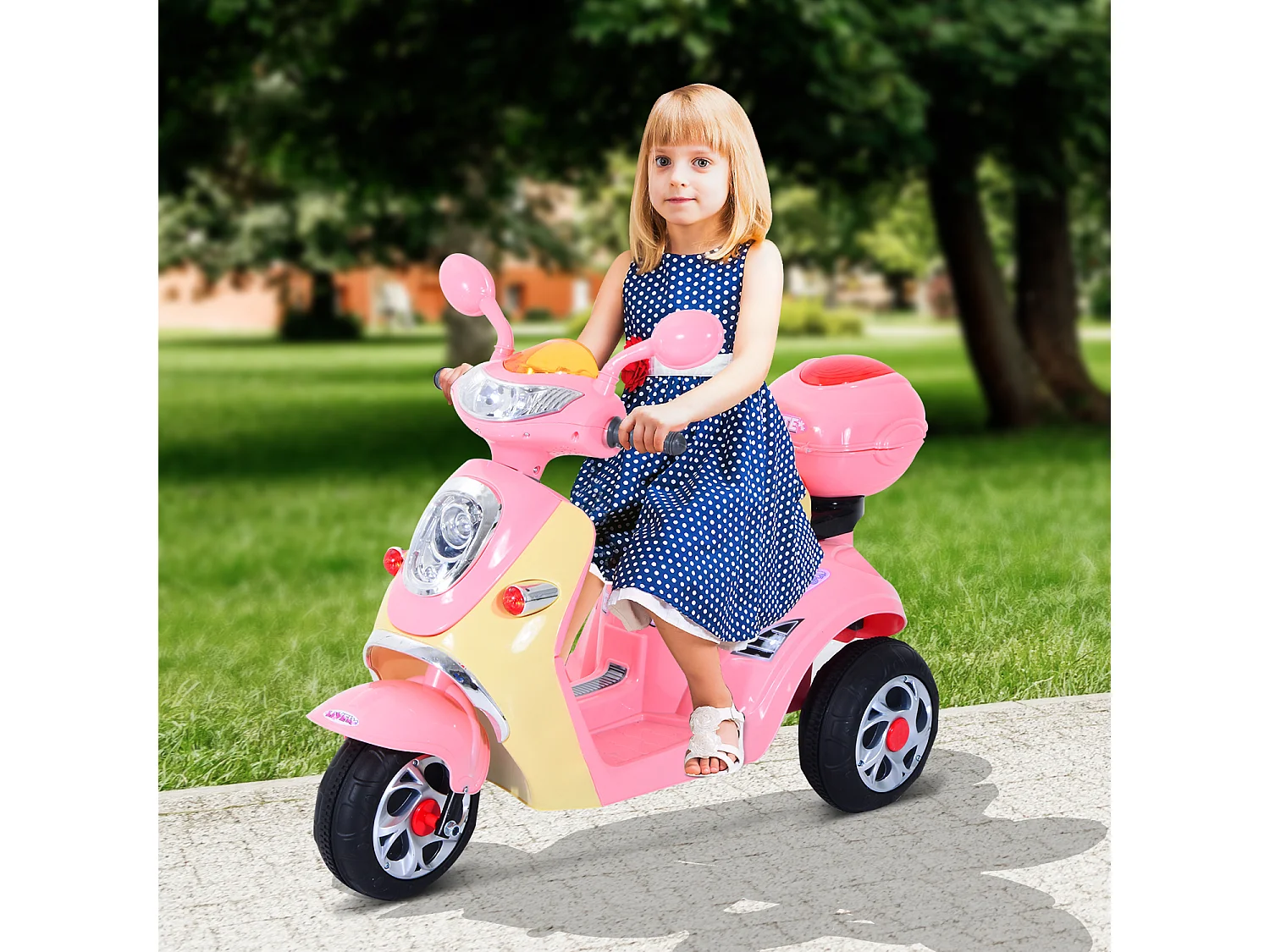 Moto scooter électrique pour enfants 6 V env. 3 Km/h 3 roues et topcase effet lumineux et sonore rose