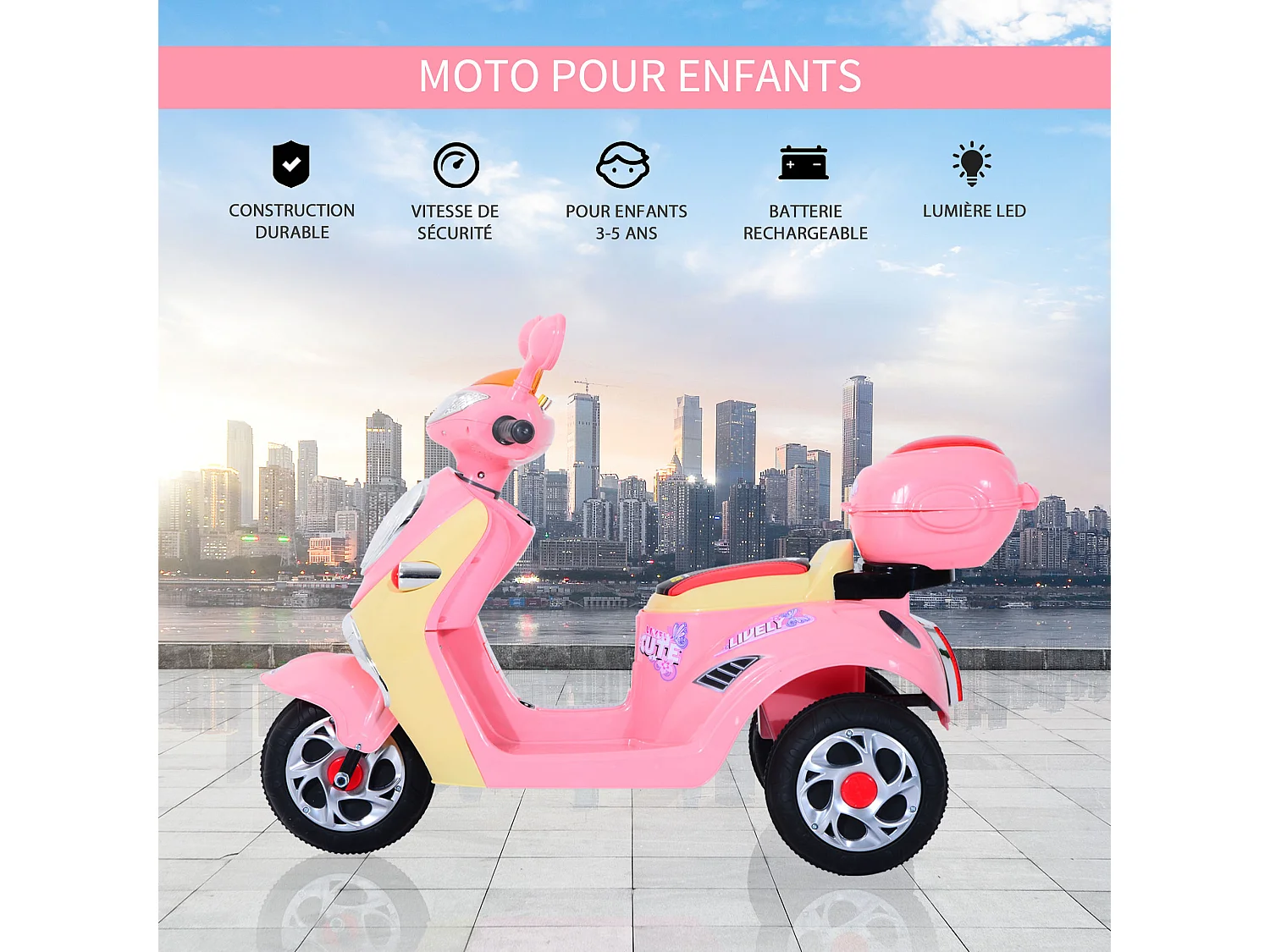 Moto scooter électrique pour enfants 6 V env. 3 Km/h 3 roues et topcase effet lumineux et sonore rose