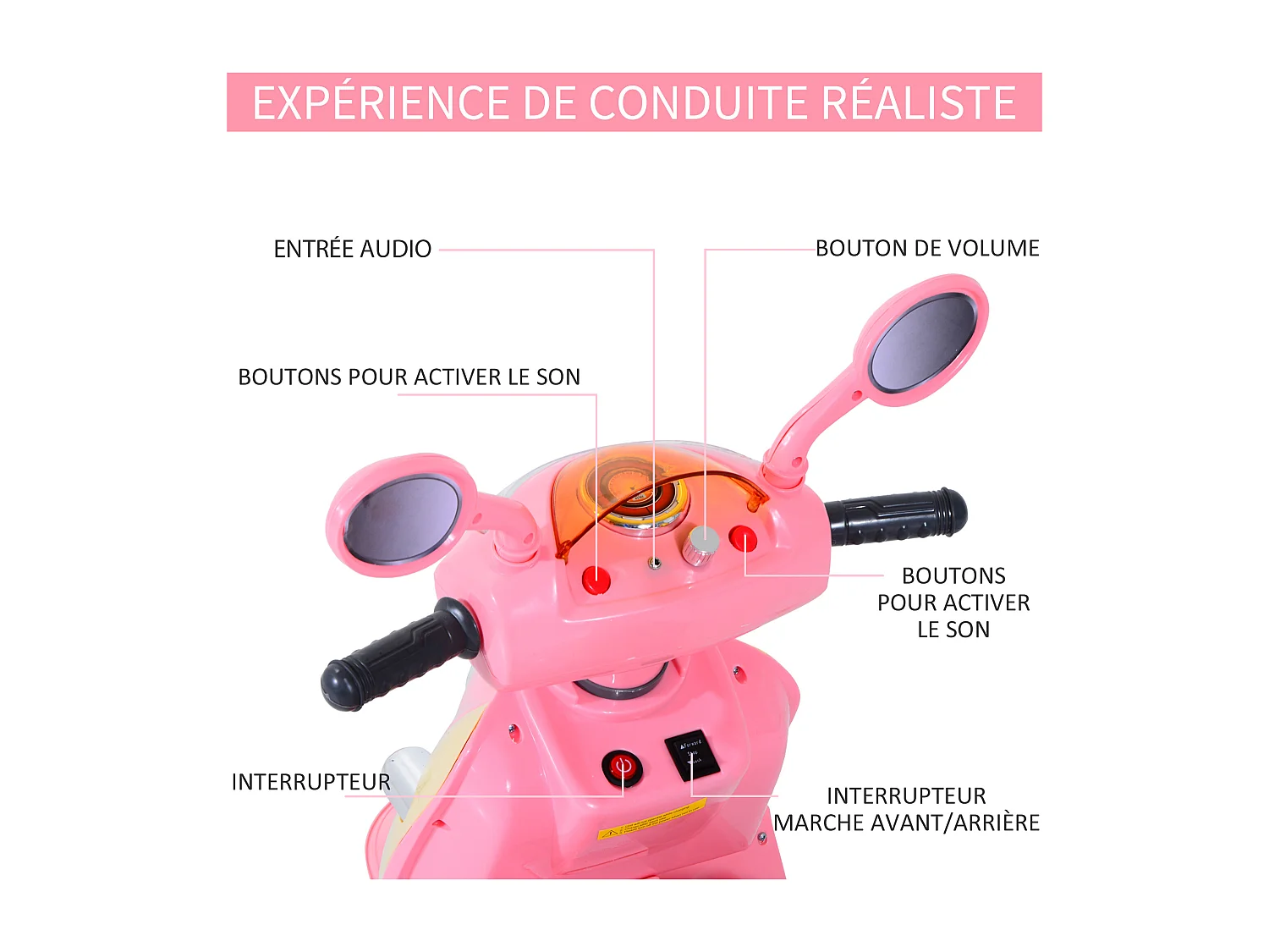 Moto scooter électrique pour enfants 6 V env. 3 Km/h 3 roues et topcase effet lumineux et sonore rose