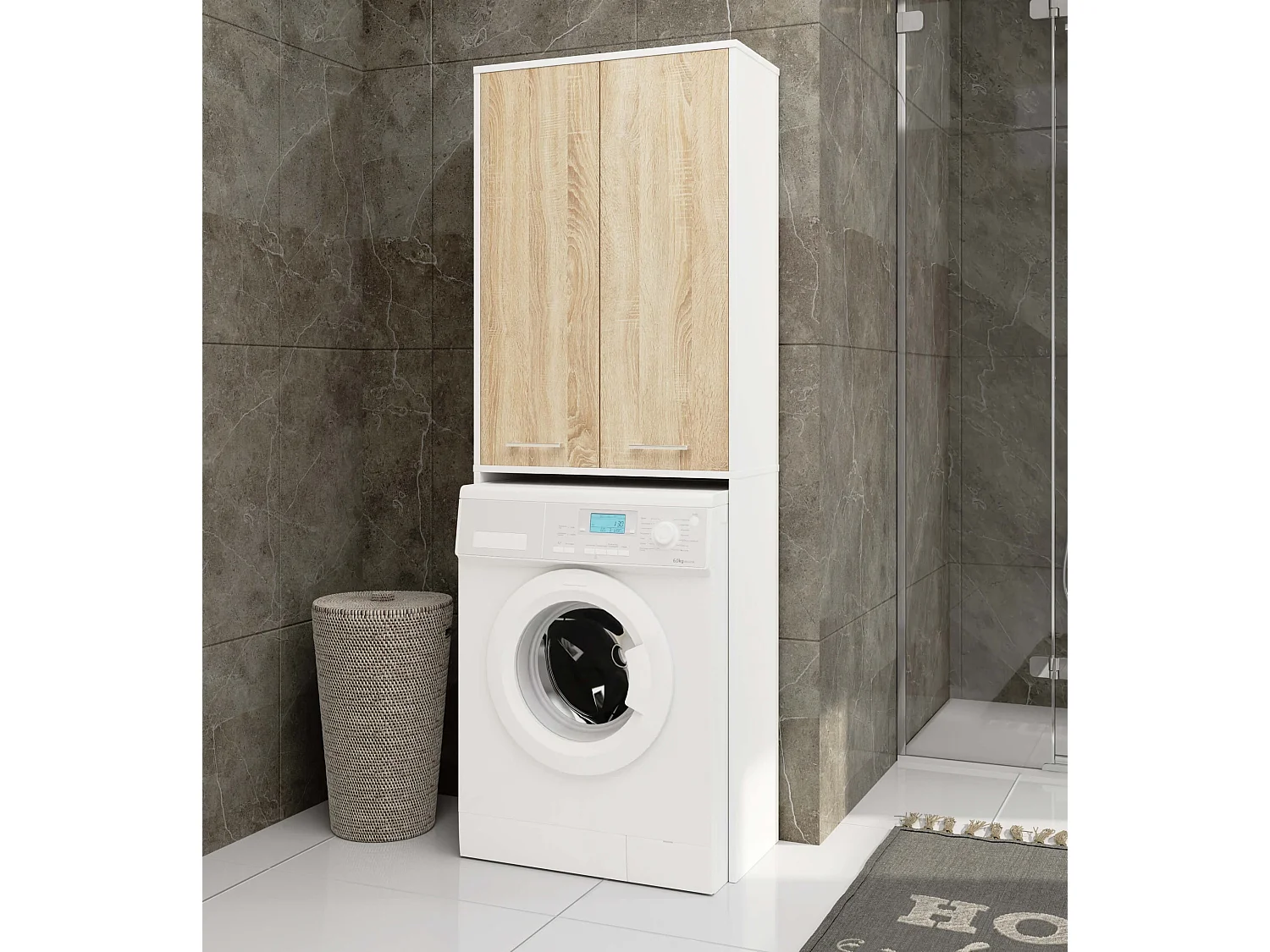 meuble machine a laver 2 portes 4 étagères 180x64x30 cm blanc- porte bois