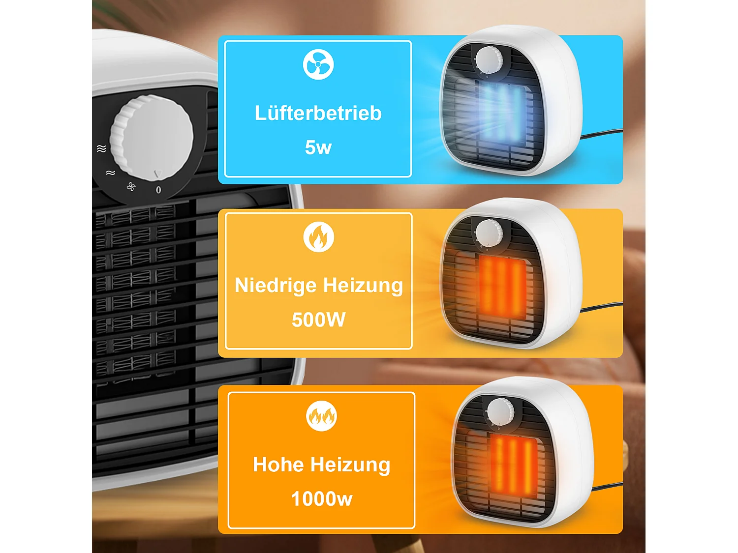 NETTLIFE Chauffage soufflant  3 modes PTC intérieur 1000W
