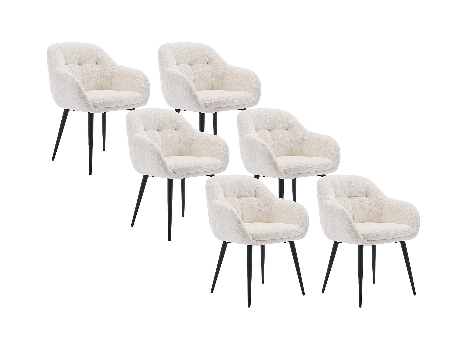 Sæt med 6 stole med armlæn i struktureret stof og sort metal - Cremefarvede - LASSANDRA fra Pascal Morabito