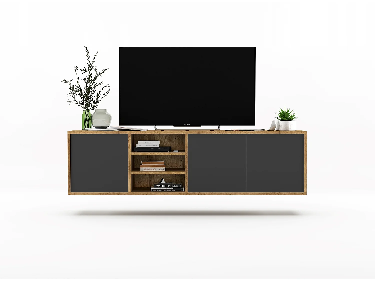 Tv-meubel met 3 deuren en 1 open vak - Kast eiken Wotan, fronten grafiet mat - 150 cm