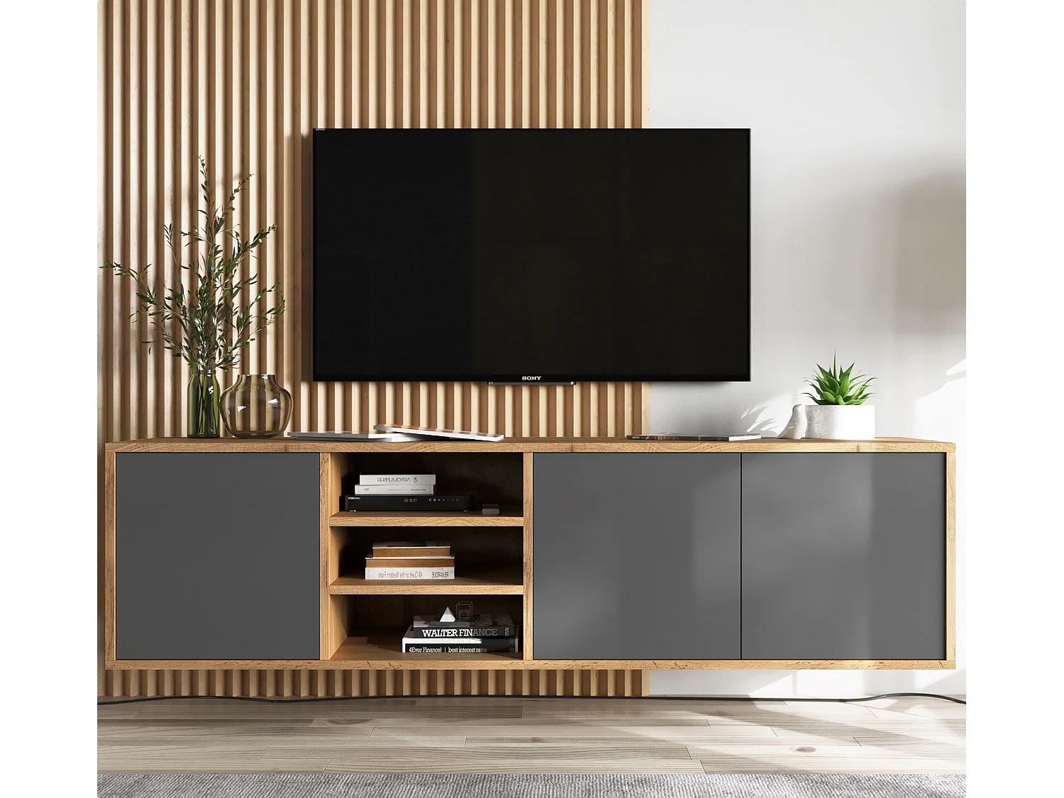 Mueble de TV con 3 puertas y 1 hueco - Cuerpo roble Wotan, frentes grafito mate - 150 cm