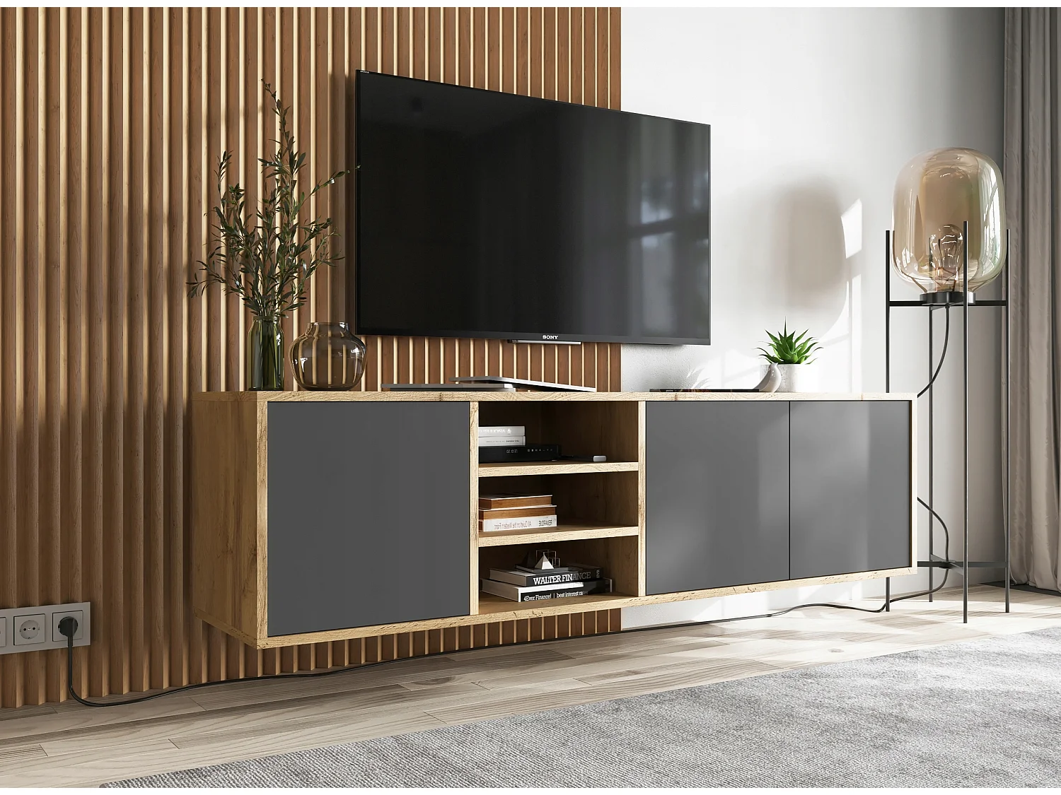 Mueble de TV con 3 puertas y 1 hueco - Cuerpo roble Wotan, frentes grafito mate - 150 cm