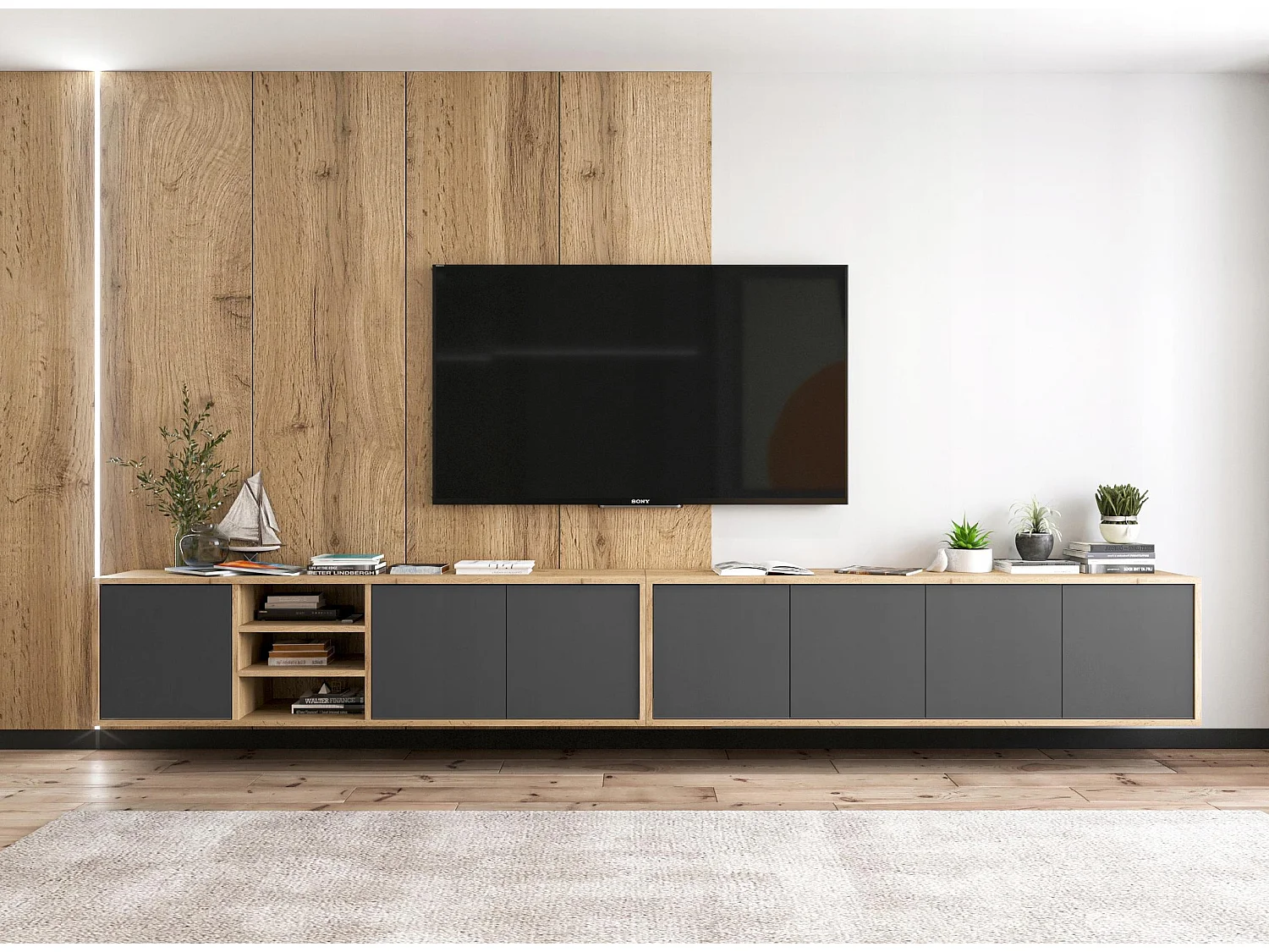 Mueble de TV con 3 puertas y 1 hueco - Cuerpo roble Wotan, frentes grafito mate - 150 cm