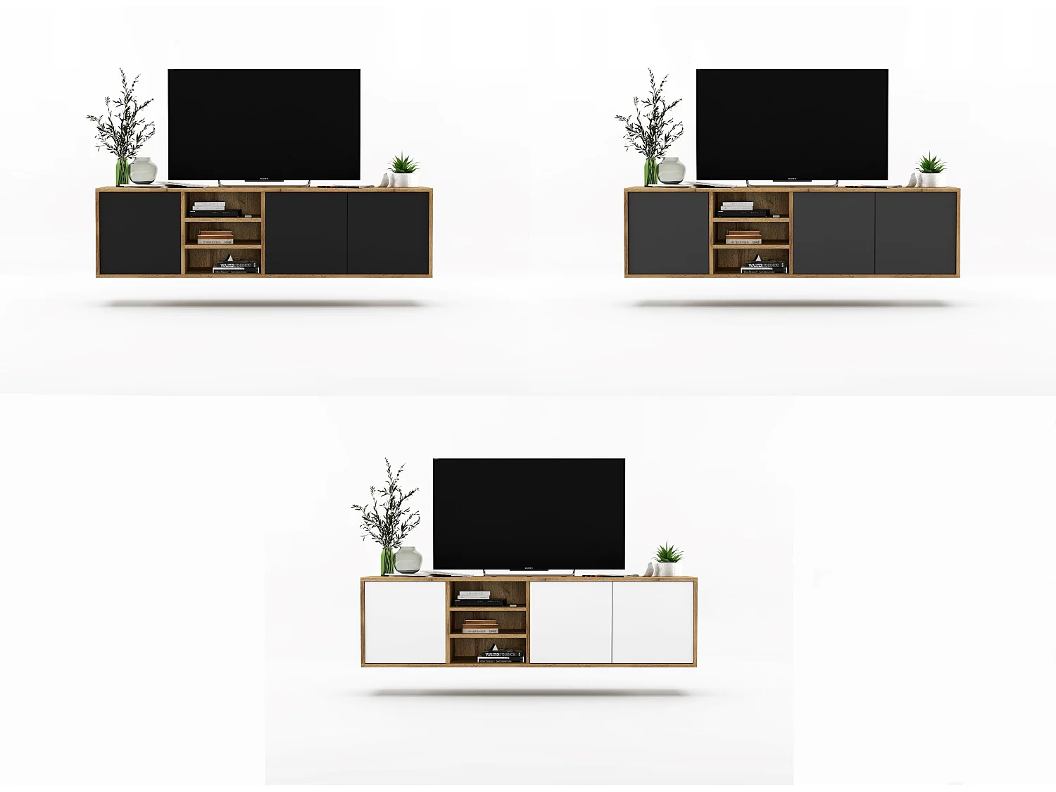 Mueble de TV con 3 puertas y 1 hueco - Cuerpo roble Wotan, frentes grafito mate - 150 cm