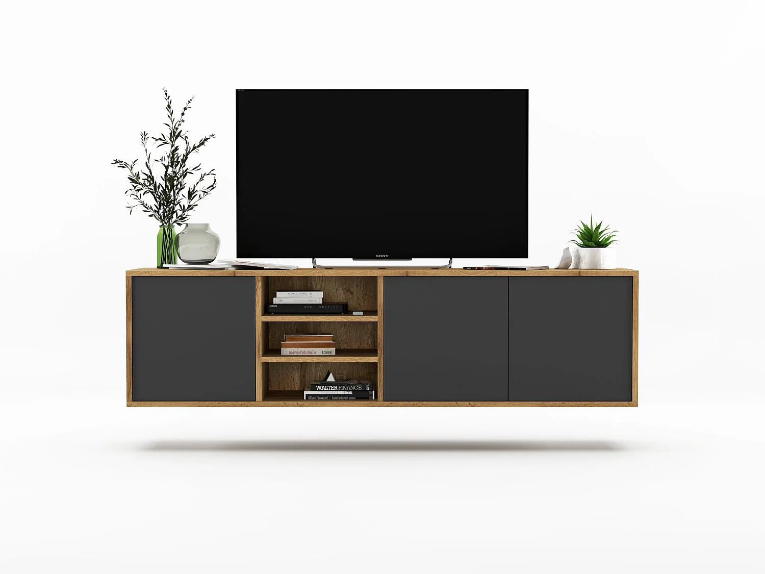 Meuble TV avec 3 portes et 1 niches - carcasse chêne wotan façades graphite mat - 150 cm