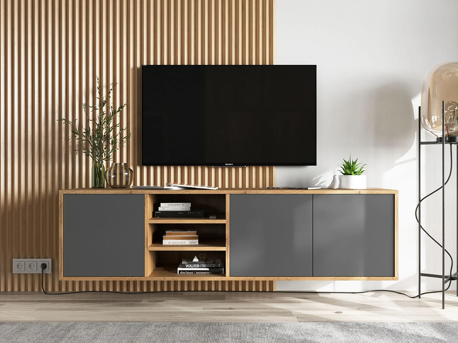 Meuble TV avec 3 portes et 1 niches - carcasse chêne wotan façades graphite mat - 150 cm