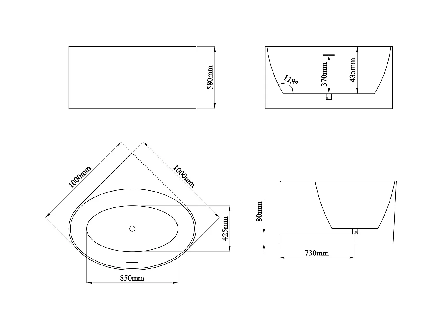 Eckbadewanne oval - Acryl - Weiß glänzend - 176 l - 100 x 100 x 58 cm - MARTA