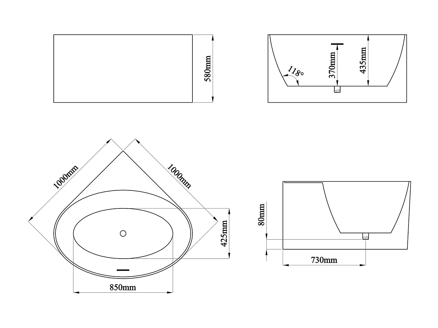 Baignoire d'angle ovale en acrylique - Blanc brillant - 176L - 100 x 100 x 58 cm - MARTA