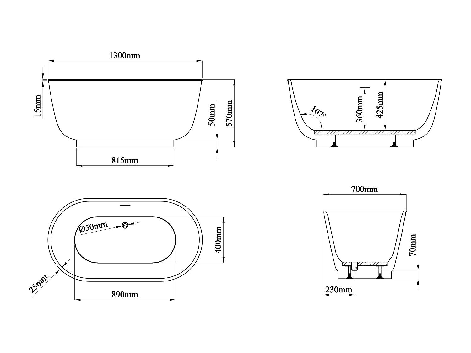 Baignoire îlot ovale - 186 L - 130 x 70 x 57 cm - Blanc brillant - Acrylique - MOBULA