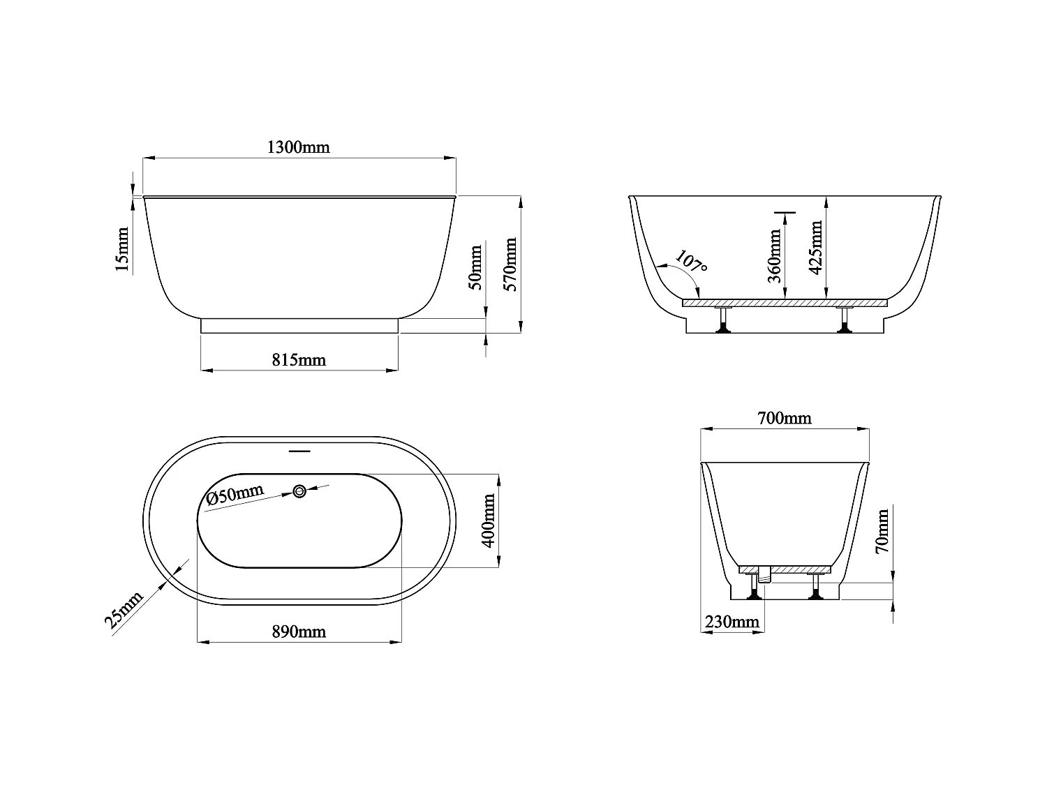 Baignoire îlot ovale - 186 L - 130 x 70 x 57 cm - Blanc brillant - Acrylique - MOBULA