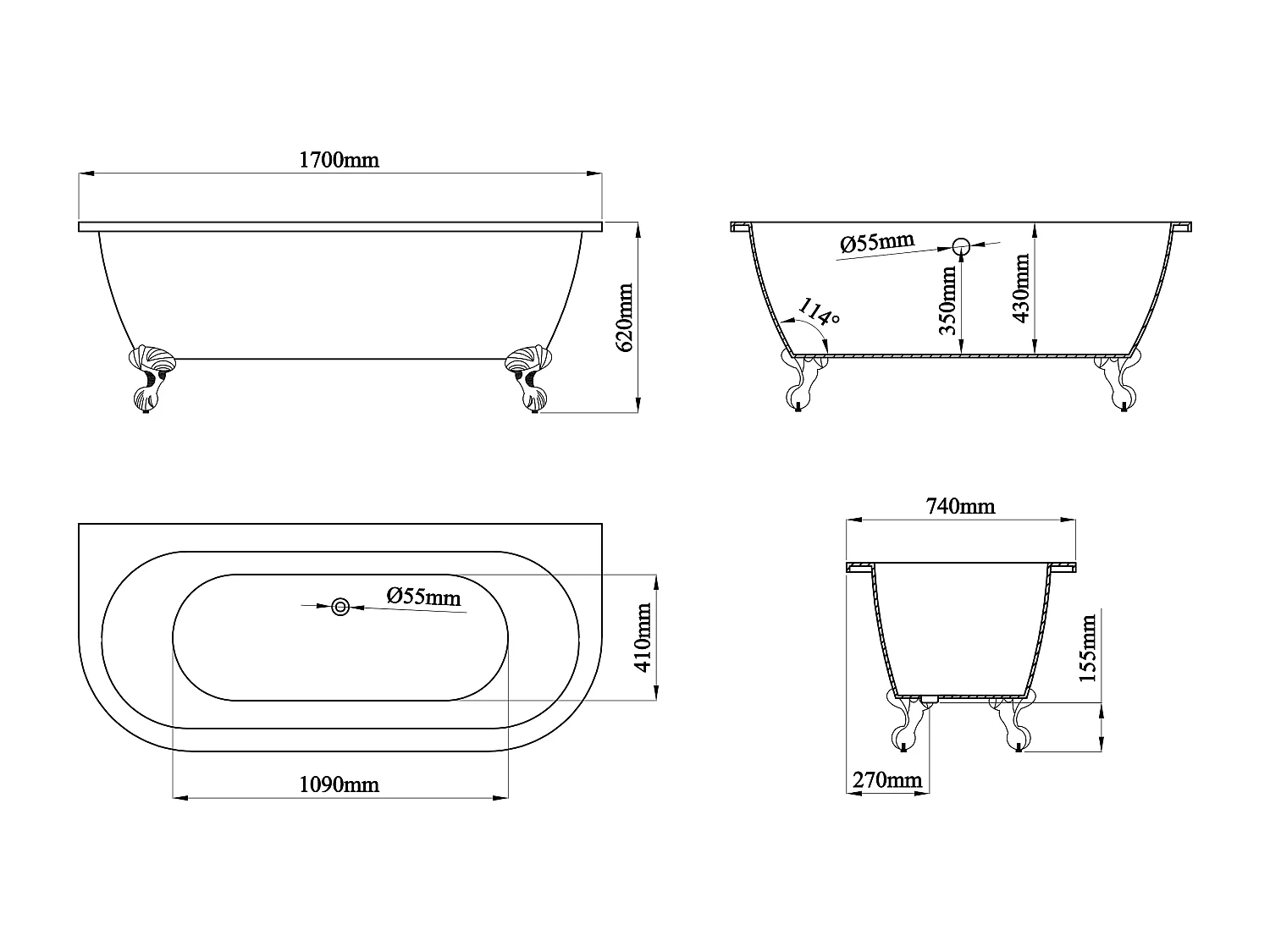 Baignoire semi-îlot retro avec pieds d'aigle- 190 L - 170 x 74 x 62 cm - Blanche - Acrylique - SPARUS