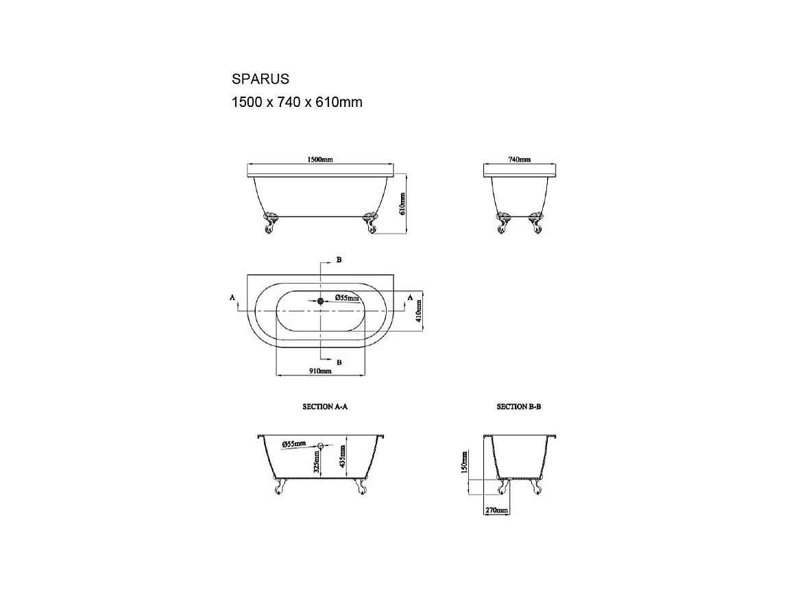 Baignoire semi-îlot retro avec pieds d'aigle - 154 L - 150 x 74 x 61 cm - Vert mat - Acrylique - SPARUS
