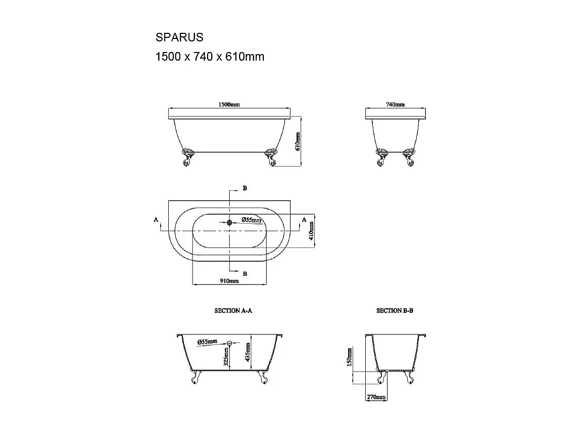 Baignoire semi-îlot retro avec pieds d'aigle - 154 L - 150 x 74 x 61 cm - Vert mat - Acrylique - SPARUS