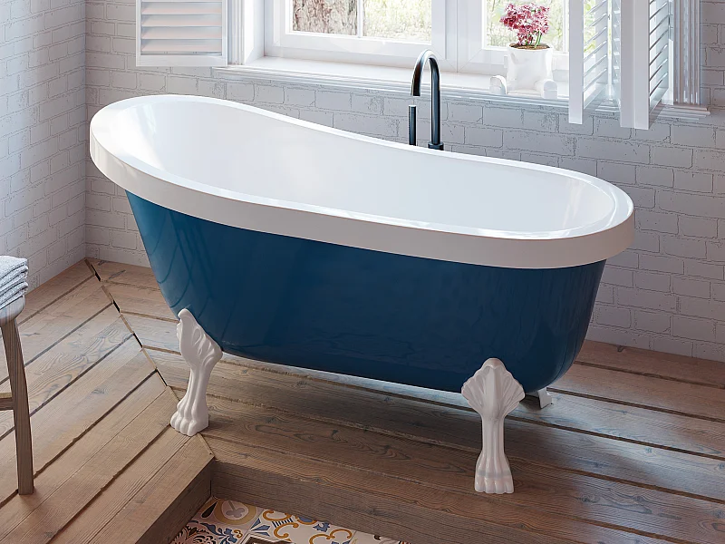 Freistehende Retro-Badewanne mit weißen Löwenfüßen - 200 l - 145 x 74 x 77 cm - Blau - NISOS II