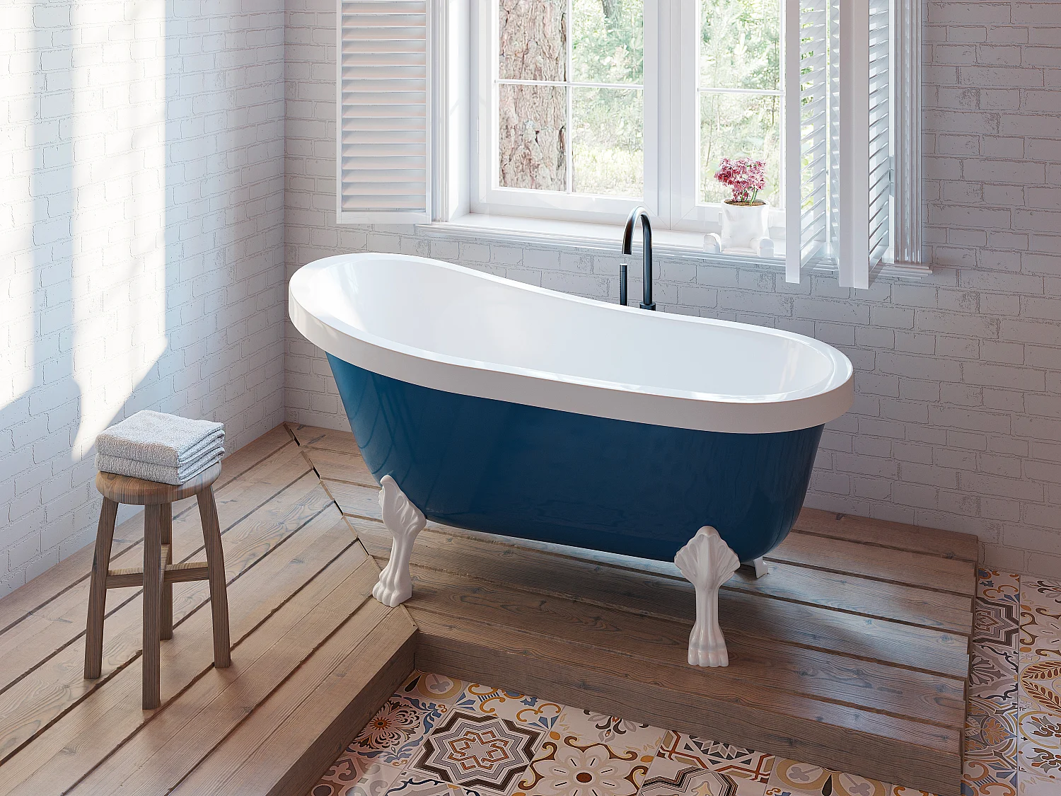 Freistehende Retro-Badewanne mit weißen Löwenfüßen - 200 l - 145 x 74 x 77 cm - Blau - NISOS II