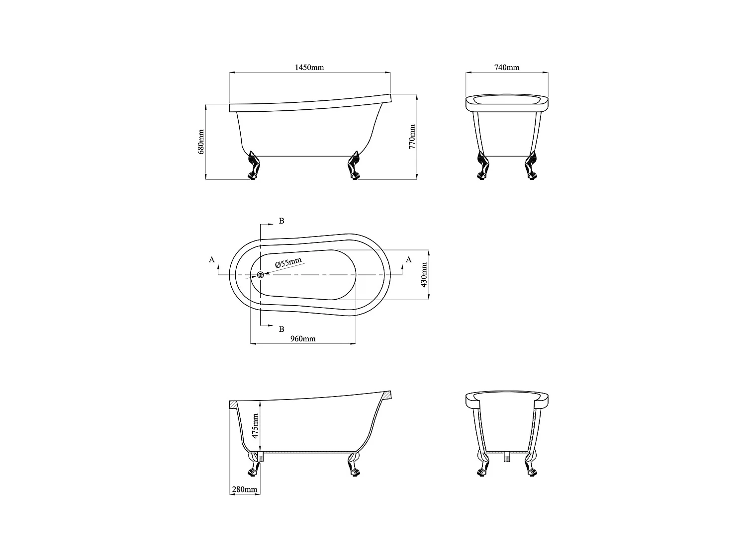 Baignoire îlot rétro avec pieds de lion blancs - 200 L - 145 x 74 x 77 cm - Bleu - NISOS II